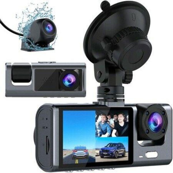 3 Channel Dash Cam Front And Rear Inside 1080P Three Way Triple Car Camera With IR Night Vision Loop Recording