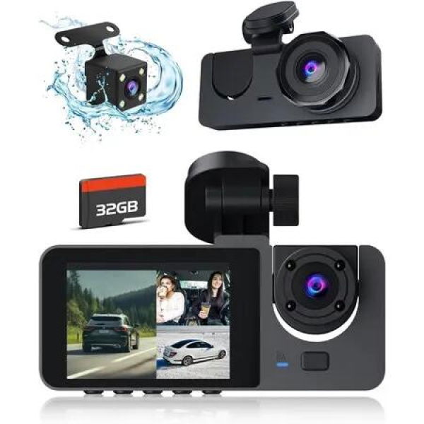 3 Channel Dash Cam Front and Rear Inside,4K Full UHD Dash Camera,Car Camera Built-in 32GB Card,WDR,G-Sensor,2.0In Screen,Loop Recording,24H Parking Monitor