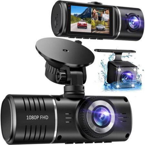 3 Channel Dash Cam with 1080P Front and Inside Cameras Includes 32GB Card HDR G-Sensor 24-Hour Parking Loop Recording