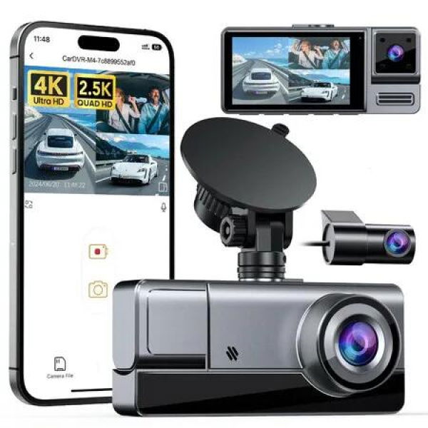 3 Channel WiFi Dash Cam Front and Rear Inside, 4K+1080P+1080P Dash Camera for Cars Front and Rear 24H Parking Mode App Control