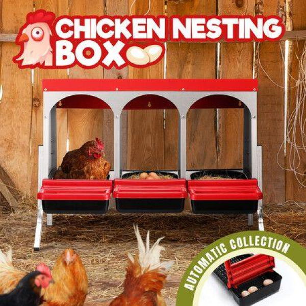 3 Hole Chicken Nesting Box Roll Away Hen Laying Nest Boxes Chook Coop Egg Brooder Poultry Roost Perch Galvanised Steel Plastic with Stand
