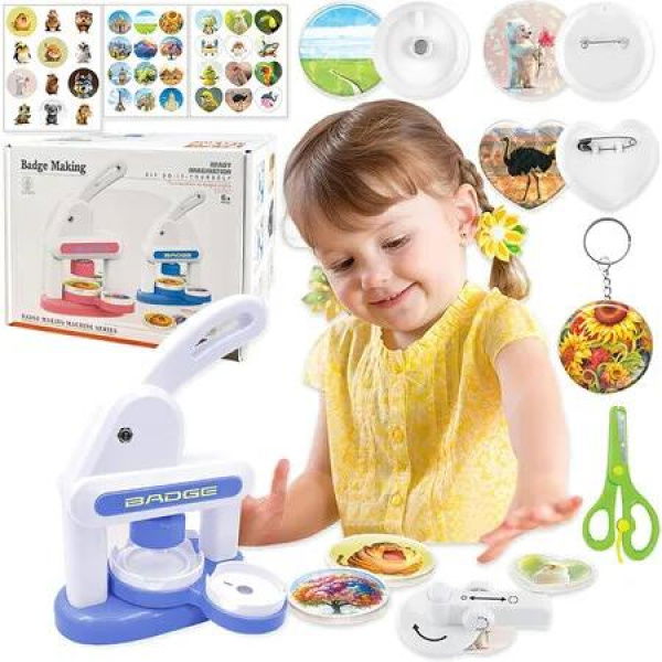 3 in 1 Badge Maker Machine for Kids, Capable of Making Fridge Magnets Keychains Brooches Badges, DIY Arts & Crafts Gifts for Kids (Blue)