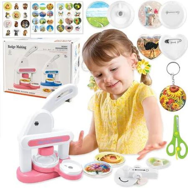 3 in 1 Badge Maker Machine for Kids, Capable of Making Fridge Magnets Keychains Brooches Badges, DIY Arts & Crafts Gifts for Kids (Pink)