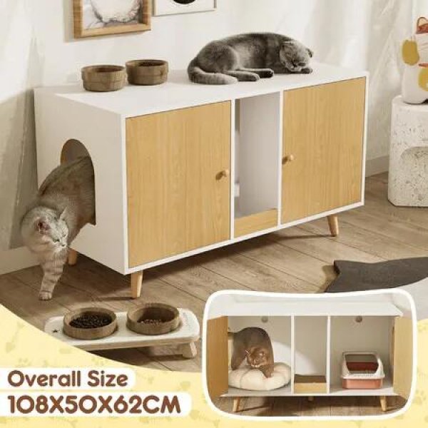 3 In 1 Cat Litter Box Enclosure Hidden Pet Bed House Side Console Table Hallway Indoor Cabinet Modern