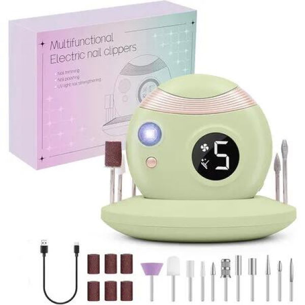 3 in 1 Cordless Nail Drill, Portable Electric Nail Clipper, Manicure Pedicure Polishing Shape Tool with Nail Drill Bits (Green)