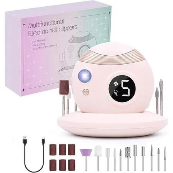 3 in 1 Cordless Nail Drill, Portable Electric Nail Clipper, Manicure Pedicure Polishing Shape Tool with Nail Drill Bits (Pink)
