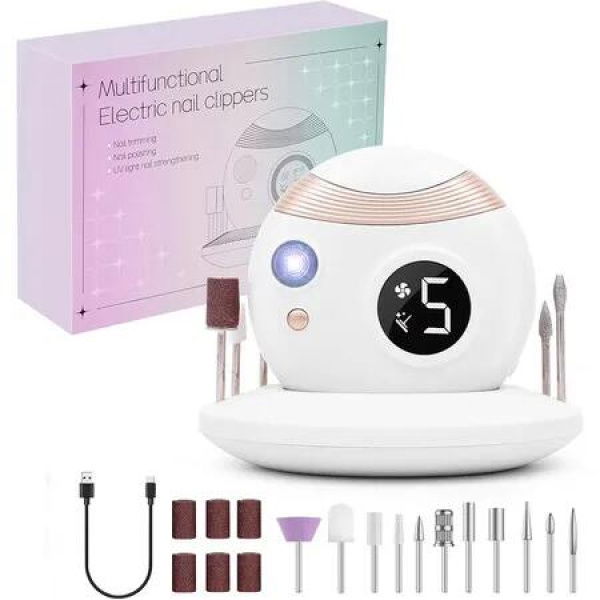 3 in 1 Cordless Nail Drill, Portable Electric Nail Clipper, Manicure Pedicure Polishing Shape Tool with Nail Drill Bits (White)