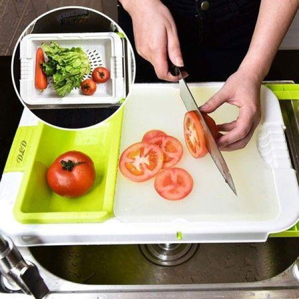 3-in-1 Design Retractable Kitchen Multifunctional Plastic Cutting Board With Drain Basket Creative Practical Kitchen Gadget (Green)