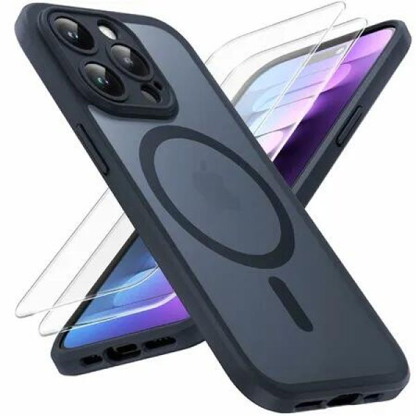 3 in 1 iPhone 15 Pro Case,Upgraded with 2 Screen Protector,Fit for MagSafe,Translucent Matte Back Phone Case 6.1 Inch,Black