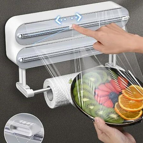 3 in 1 Kitchen Wrap Organizer Magnetic Aluminum Foil Cling Adhesive Film Dispenser Wall Mount Paper Towel Holder Cutter