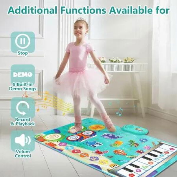 3 in 1 Musical Mat for Kids,Marine Animal Touch Play Blanket Piano Keyboard & Drum Set with 2 Drum Sticks,Educational Musical Learning Toys for 3+ Kids