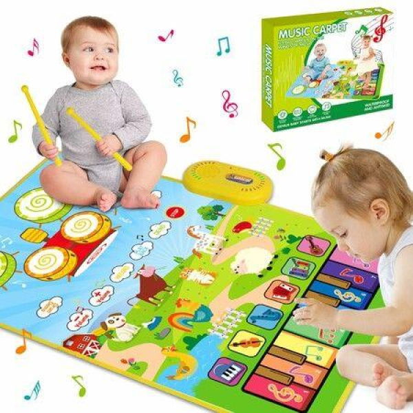 3 in 1 Musical Piano & Drum Mat with 2 Sticks Early Educational Learning Toys for Kids Ages 3+ Animal Touch Play Blanket