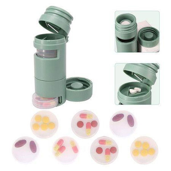3-in-1 Portable Pill Cutter Weekly Pill Organizer And Crusher For Small Or Large Pills. Travel Pill Bottle With 7 Days For Purse (Green).
