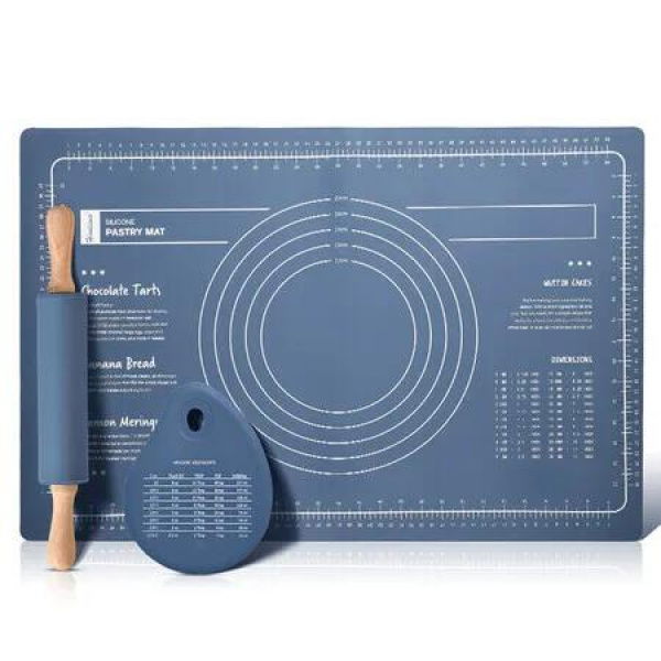 3 in 1 Silicone Measuring Kneading Pad Set Household Food Grade Rolling Pin Dough Large Thick Non-slip Non-stick Bottom Baking Tool Blue