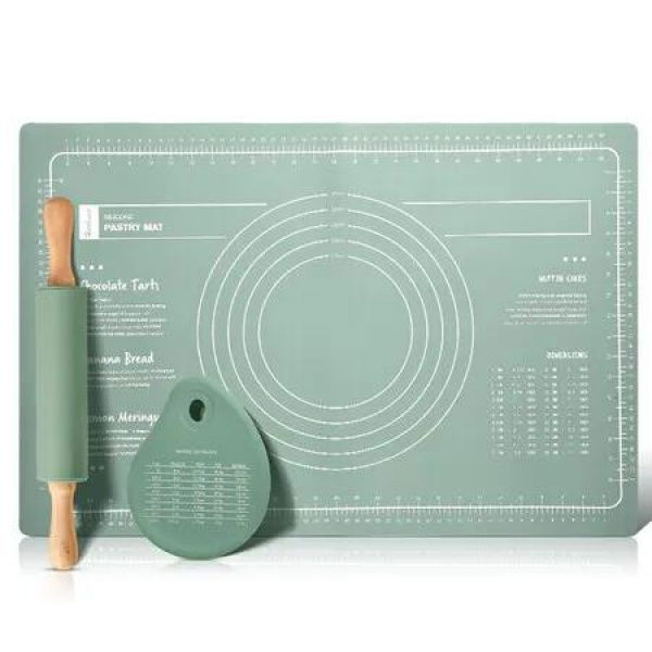 3 in 1 Silicone Measuring Kneading Pad Set Household Food Grade Rolling Pin Dough Large Thick Non-slip Non-stick Bottom Baking Tool Green