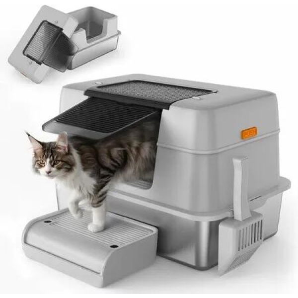 3-in-1 Stainless Steel Cat Litter Box with Lid,Large Enclosed High Side Metal Cat Litter Box with Pedals Suitable for Big Cats Grey