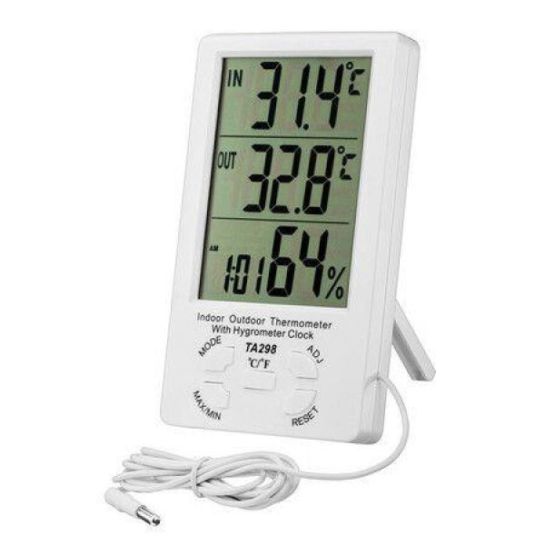 3 in 1 Thermometer Hygrometer with Clock Large LCD Display Digital Humidity Temperature Meter 5ft Sensor Cable for Indoor Outdoor