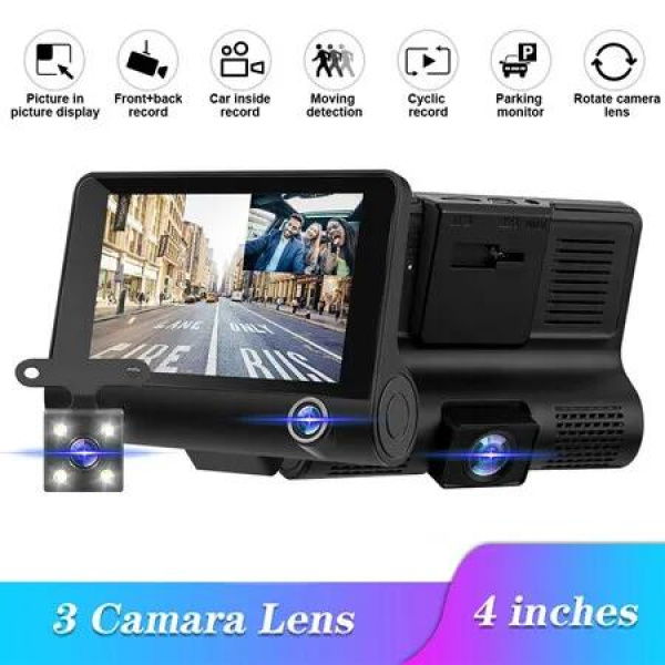 3 Lens Car Dash Camera Front Inside and Rear Camera 4 in Car Camera 140Â°Wide Angle Looping Recording G-Sensor, Max Support 32GB Card HDR Motion Detection