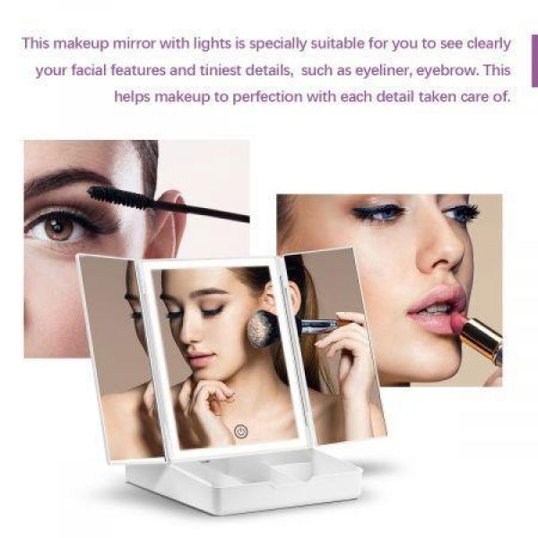 3-Light Color Tri-Fold LED Vanity Makeup Mirror 90-Degree Rotation W/ Dimmable LEDs For Perfect Makeup.