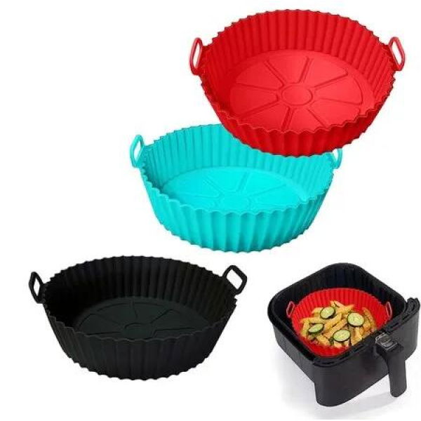 3-Pack Baking Tray Reusable Silicone Liners (Red+Blue+Black) for 3-5 QT Air Fryers, Replaces Parchment Paper