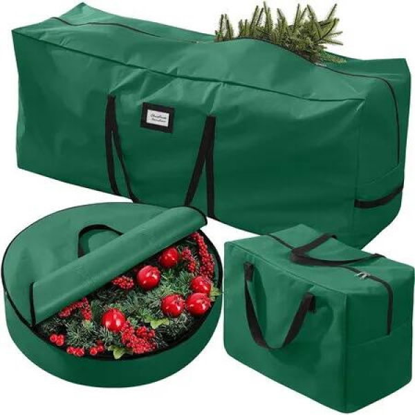 3 Pack Christmas Tree Storage Bag for 7.5 Ft Artificial Trees up,Durable Waterproof with Reinforced Carrying Handle,Xmas Holiday Garland Bag Storage(Green)
