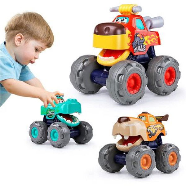 3-Pack Monster Truck Toy Push & Go Crocodile Car Friction Powered Bull Car Pull Back Leopard Car Big Wheel Animal Toy Car Baby Toy Car Gift For Boys And Girls.