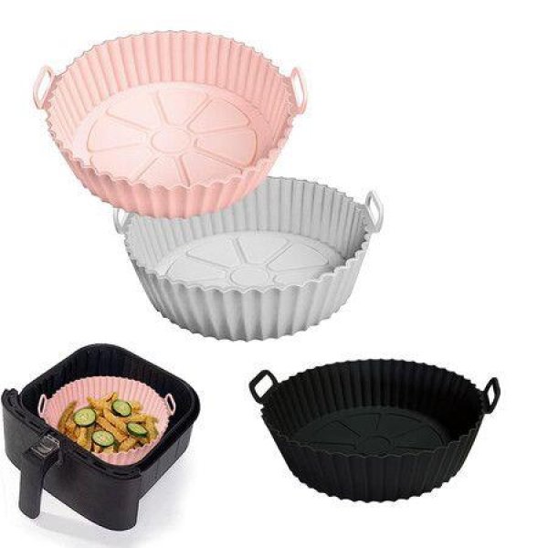 3 Pack, Pink+Grey+Black, Air Fryer Silicone Liners Pot for 3 to 5 QT, Replacement of Flammable Parchment Paper, Reusable Baking Tray Oven Accessories