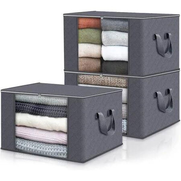 3 PCS Clothes Storage Bag,Closet Organizer,With Handles,Heavy Duty Fabric Bags With Clear Window 35L Each