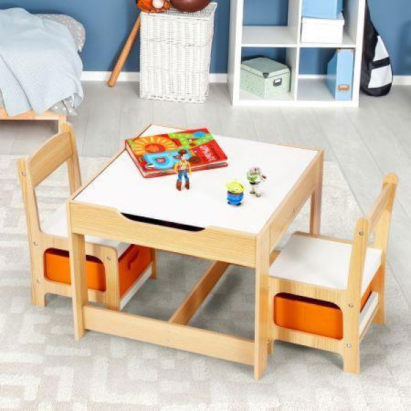 3 PCS Kids Table And Chair Set For Children Activity-big Storage Box Under Chair 2 Sided Tabletop