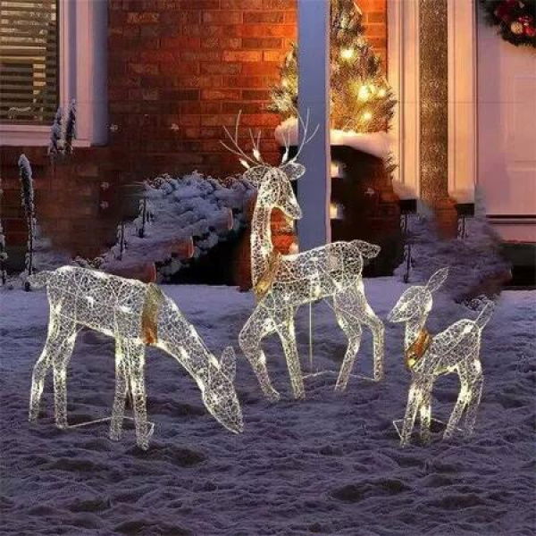 3 Pcs Lighted Christmas Deer Family Set, Gold, Outdoor Reindeer Holiday Decoration, 60 LED Lights with Stakes and Zip Tiesï¼Œ3 x AA Battery Powered