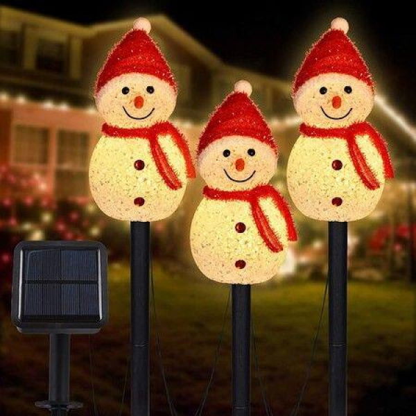 3 PCS Solar Landscape Pathway Lights Snowman Shape Outdoor Solar Christmas Garden Decorations Solar Christmas Garden Stakes Outdoor Christmas Lights Decor For Yard Patio Porch (Warm White)