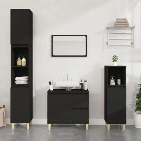 3 Piece Bathroom Cabinet Set Black Engineered Wood