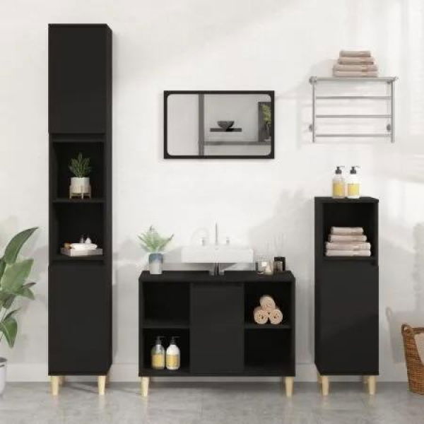 3 Piece Bathroom Furniture Set Black Engineered Wood