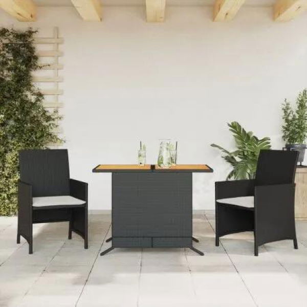 3 Piece Bistro Set with Cushions Black Poly Rattan