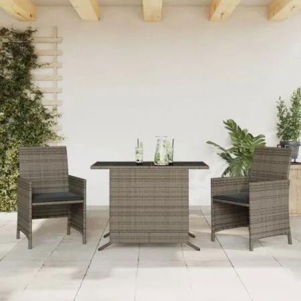 3 Piece Bistro Set with Cushions Grey Poly Rattan