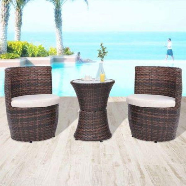 3 Piece Bistro Set With Cushions Poly Rattan Brown