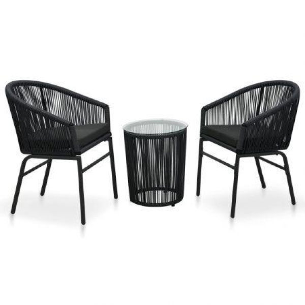 3 Piece Bistro Set With Cushions PVC Rattan Black