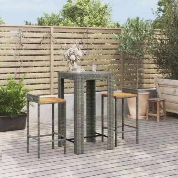 3 Piece Garden Bar Set Grey Poly Rattan&Solid Wood Acacia