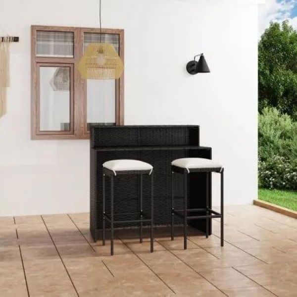 3 Piece Garden Bar Set with Cushions Black