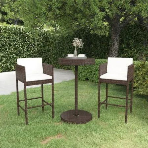 3 Piece Garden Bar Set with Cushions Poly Rattan Brown