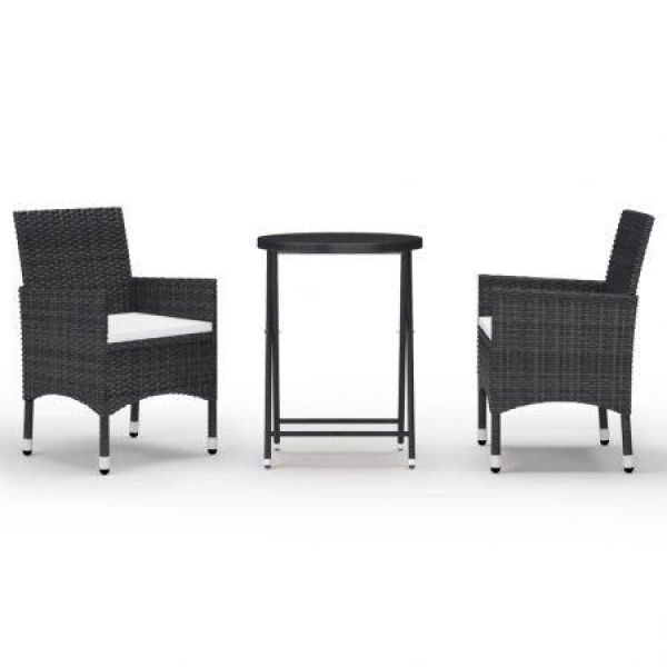 3 Piece Garden Bistro Set Poly Rattan And Tempered Glass Black