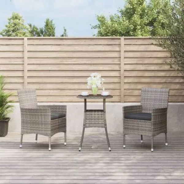 3 Piece Garden Bistro Set with Cushions Grey Poly Rattan