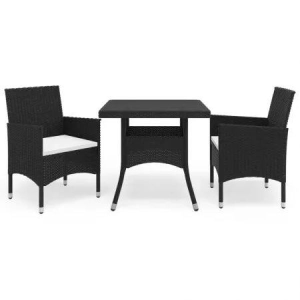 3 Piece Garden Dining Set Black Poly Rattan and Glass