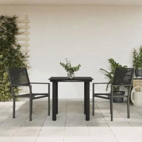 3 Piece Garden Dining Set Black Steel and Textilene