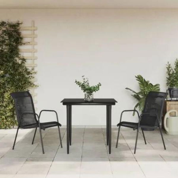 3 Piece Garden Dining Set Black Steel and Textilene