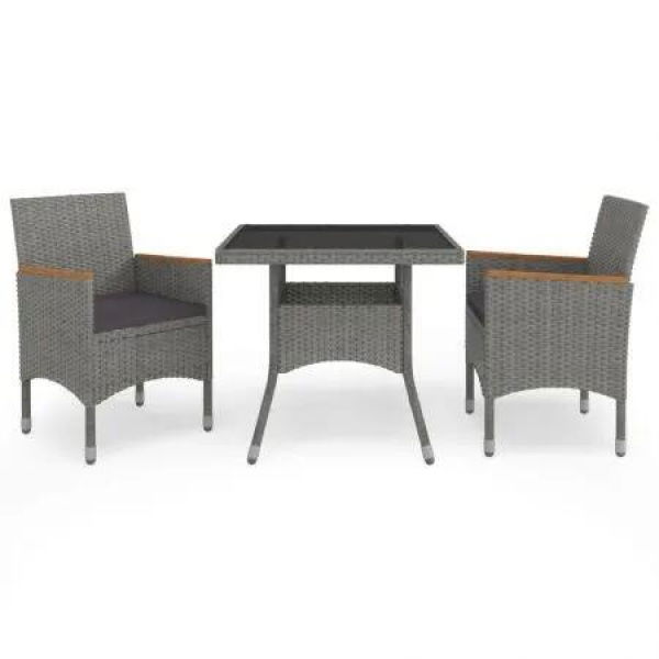3 Piece Garden Dining Set Grey Poly Rattan and Acacia Wood