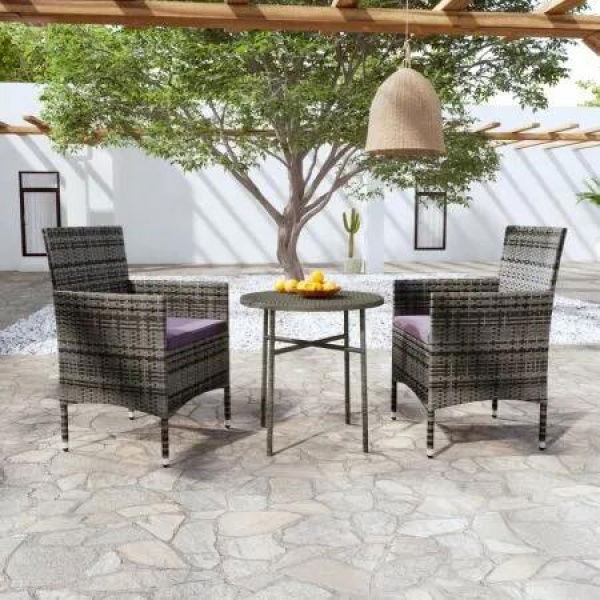 3 Piece Garden Dining Set Poly Rattan Grey