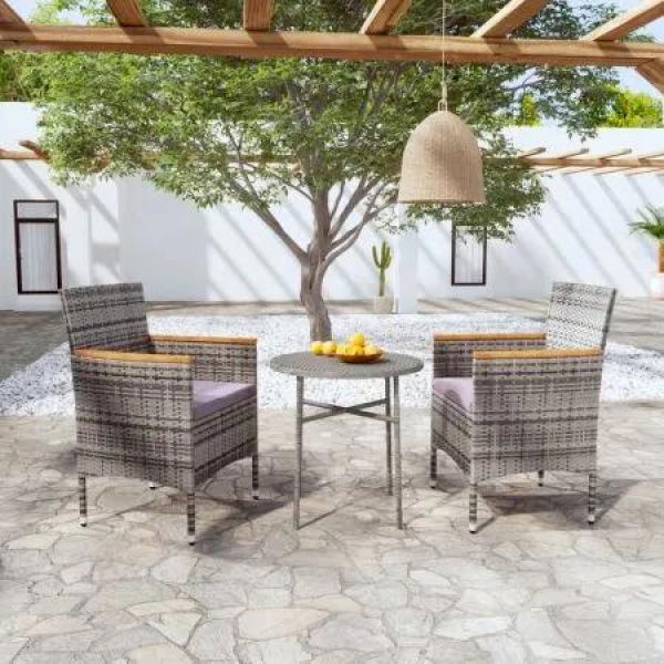 3 Piece Garden Dining Set Poly Rattan Grey