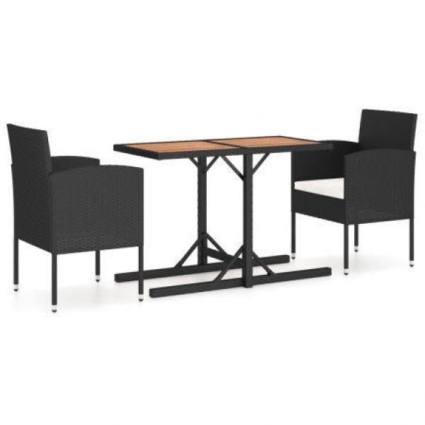 3-Piece Garden Dining Set: Solid Acacia Wood & Poly Rattan Black.