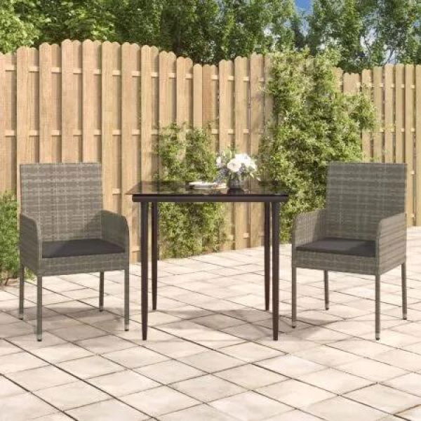 3 Piece Garden Dining Set with Cushions Black and Grey Poly Rattan